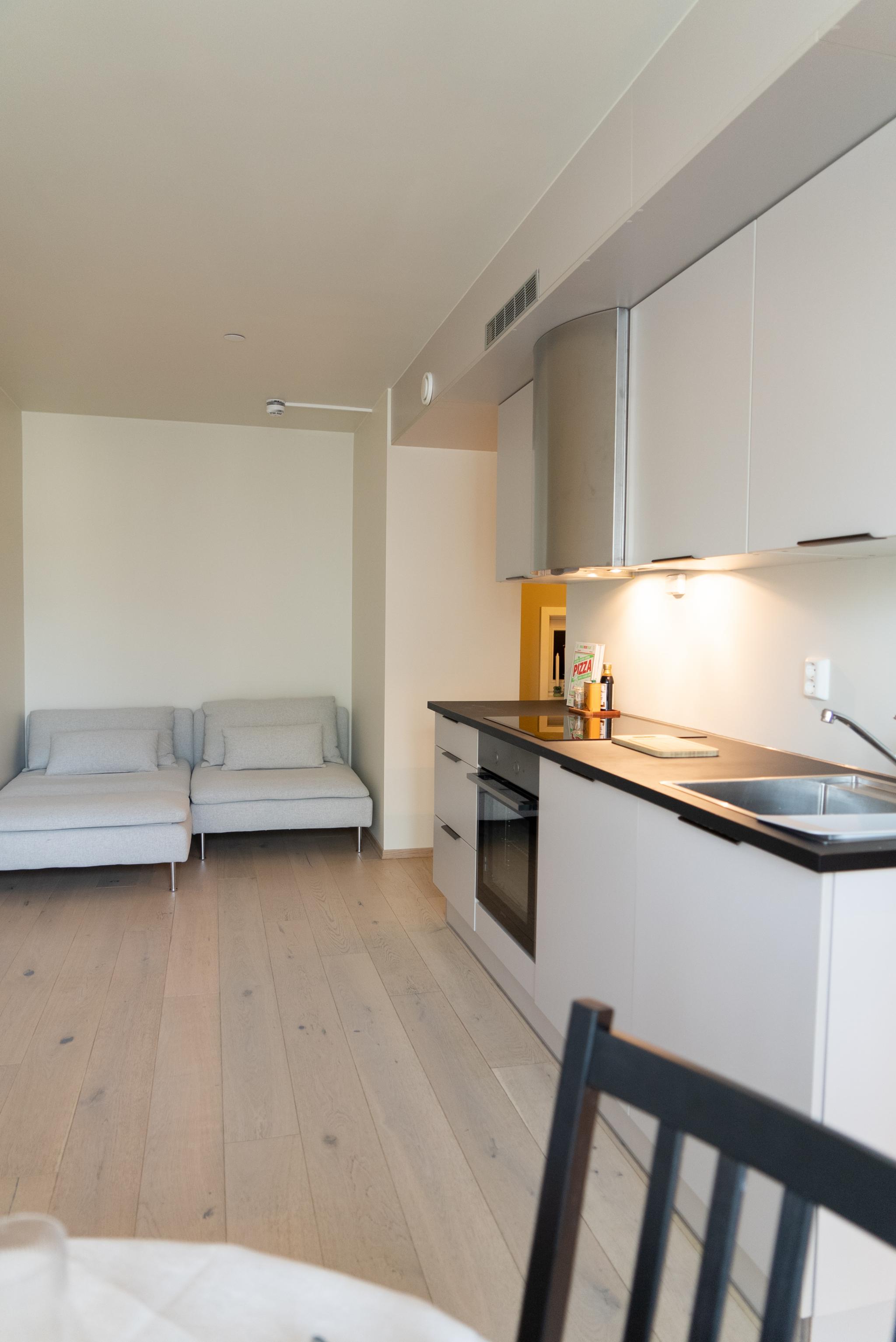 Kjøkken har oppvaskmaskin, komfyr og kjøleskap/frys.